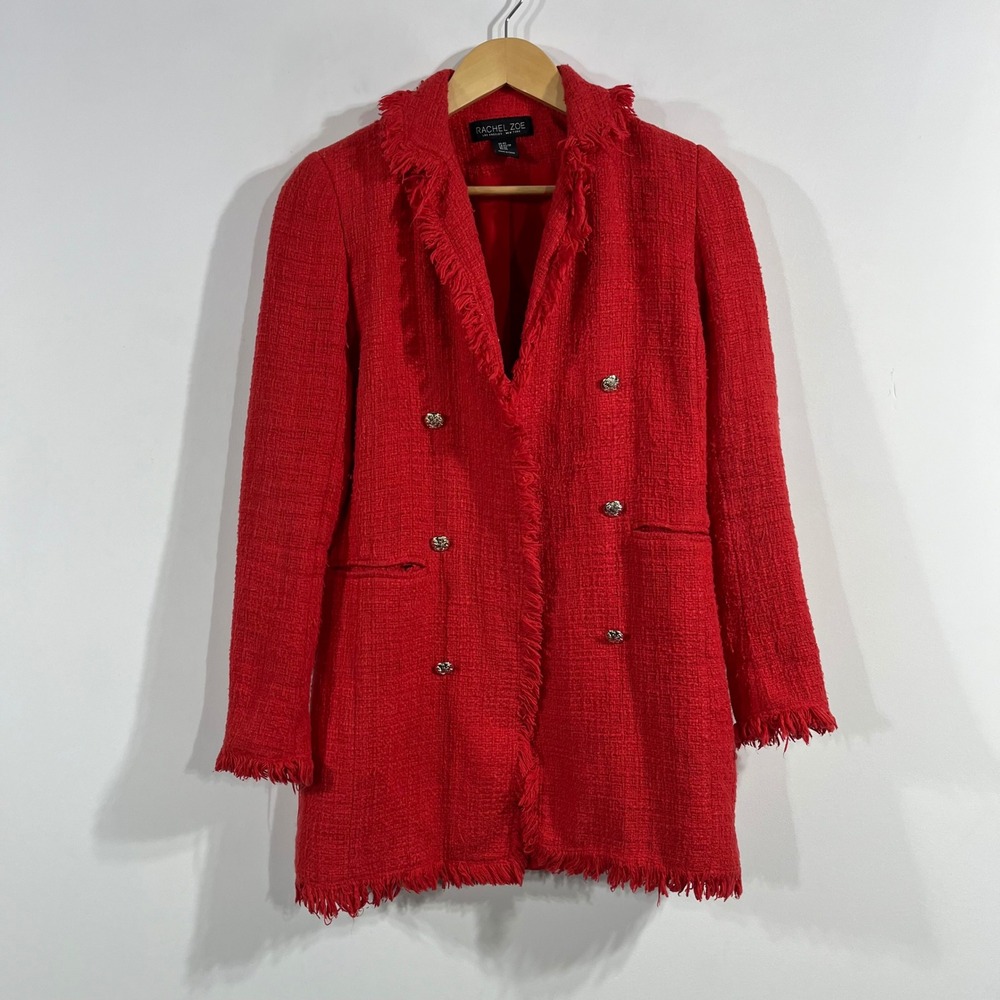 Rachel Zoe Old Money Preppy Tweed Fringe Double Breasted Blazer Jacket Womens XS